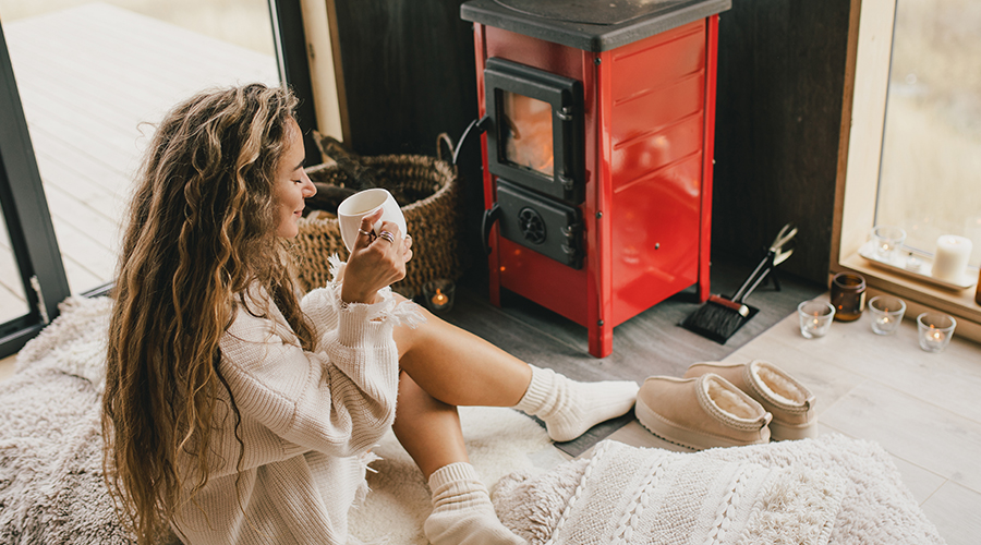 Jeune femme devant un poêle dans une tiny house